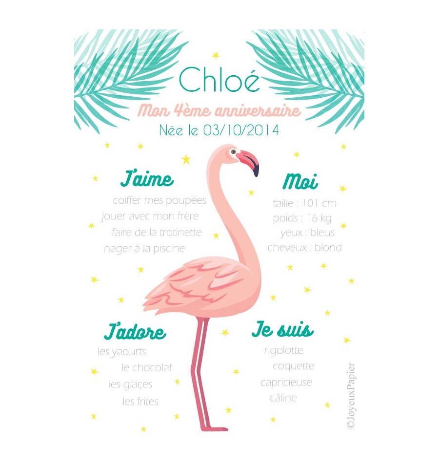 Affiche Personnalisee Anniversaire Fille Theme Flamant Rose