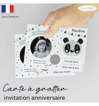 Carte invitation anniversaire panda à gratter noir et blanc avec photo