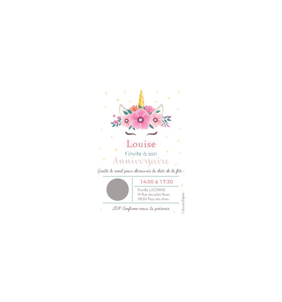 6 Cartes invitation anniversaire licorne dore et rose- fleurs- format 10x15  cm -imprimée et personnalisée