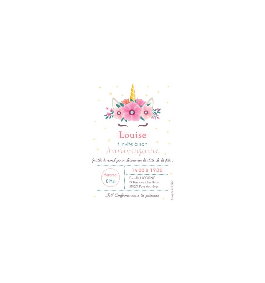 6 Cartes invitation anniversaire licorne dore et rose fleurs