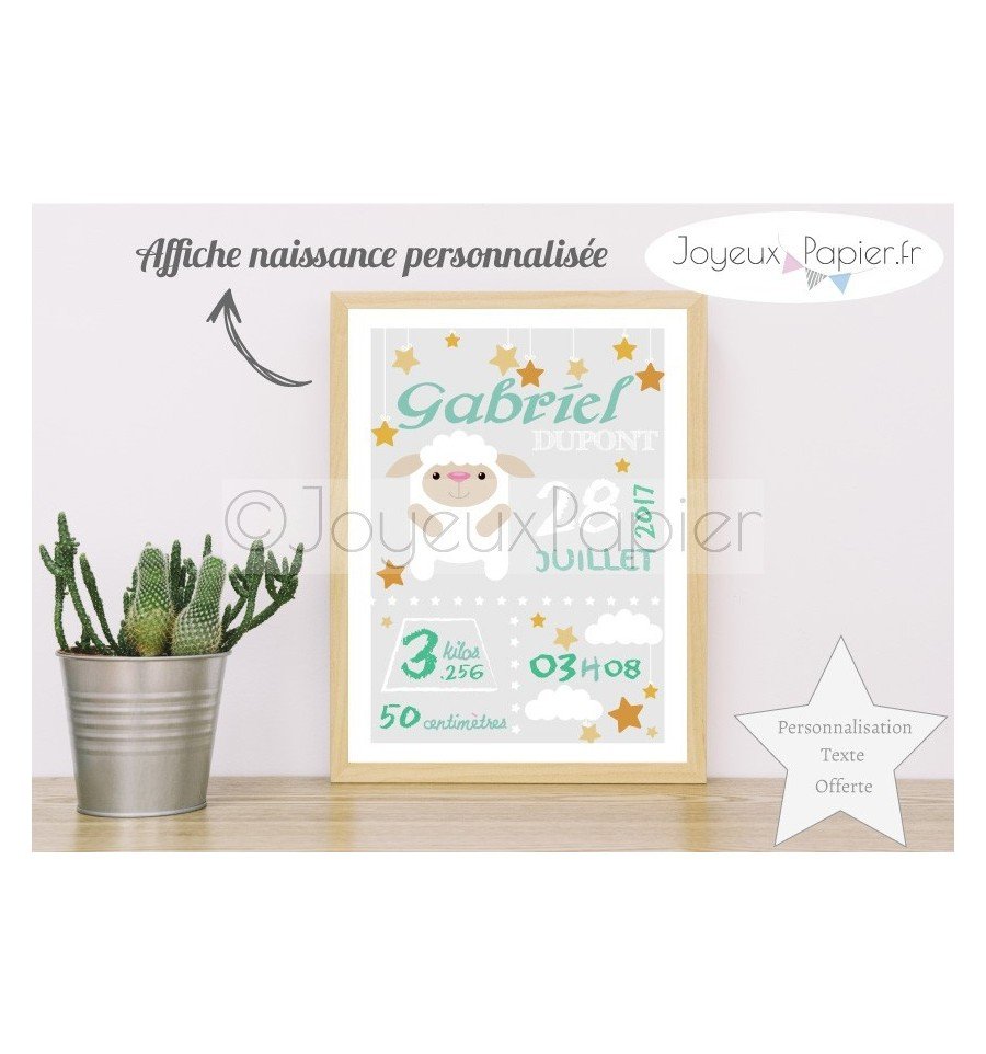 Affiche naissance personnalisée mouton gris vert