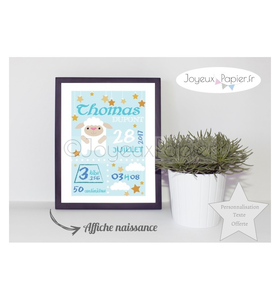 Affiche naissance garçon mouton bleu
