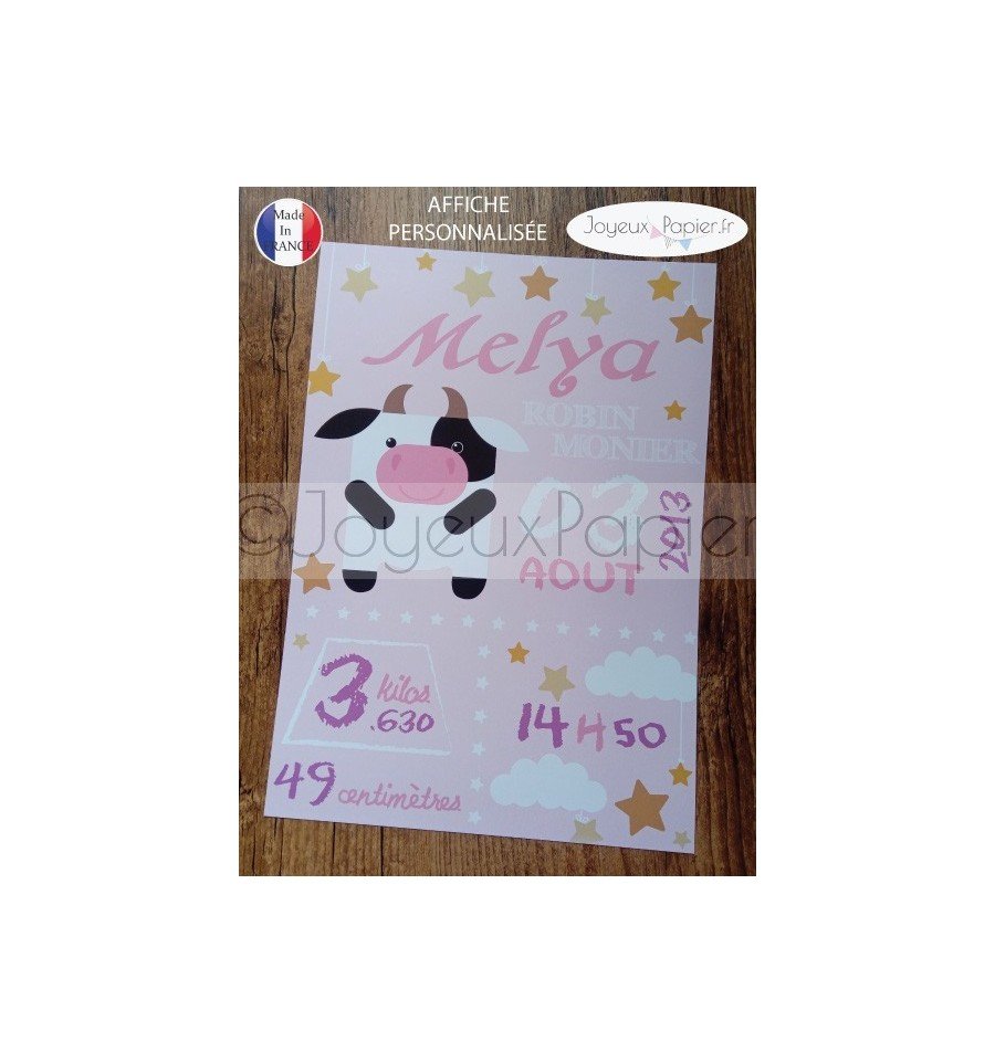 Affiche naissance fille vache rose