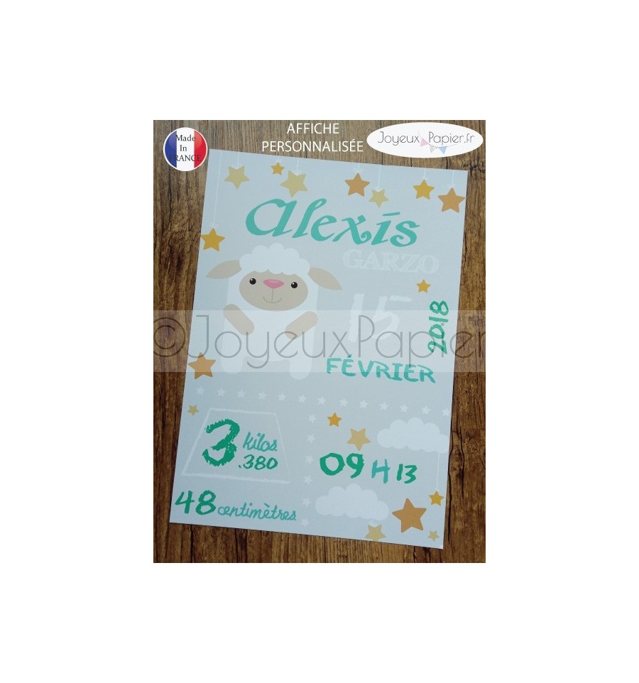 Affiche naissance personnalisée mouton gris vert
