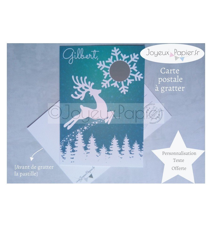Carte à gratter personnalisé annonce bonne nouvelle modèle cerf Noël