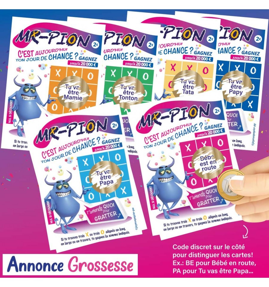 ticket à gratter grossesse carte Mr Pion jeu du morpion