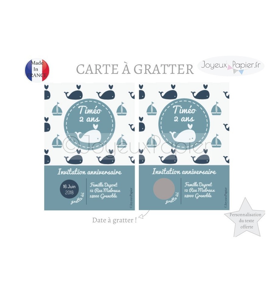 Carte à gratter invitation anniversaire baleine