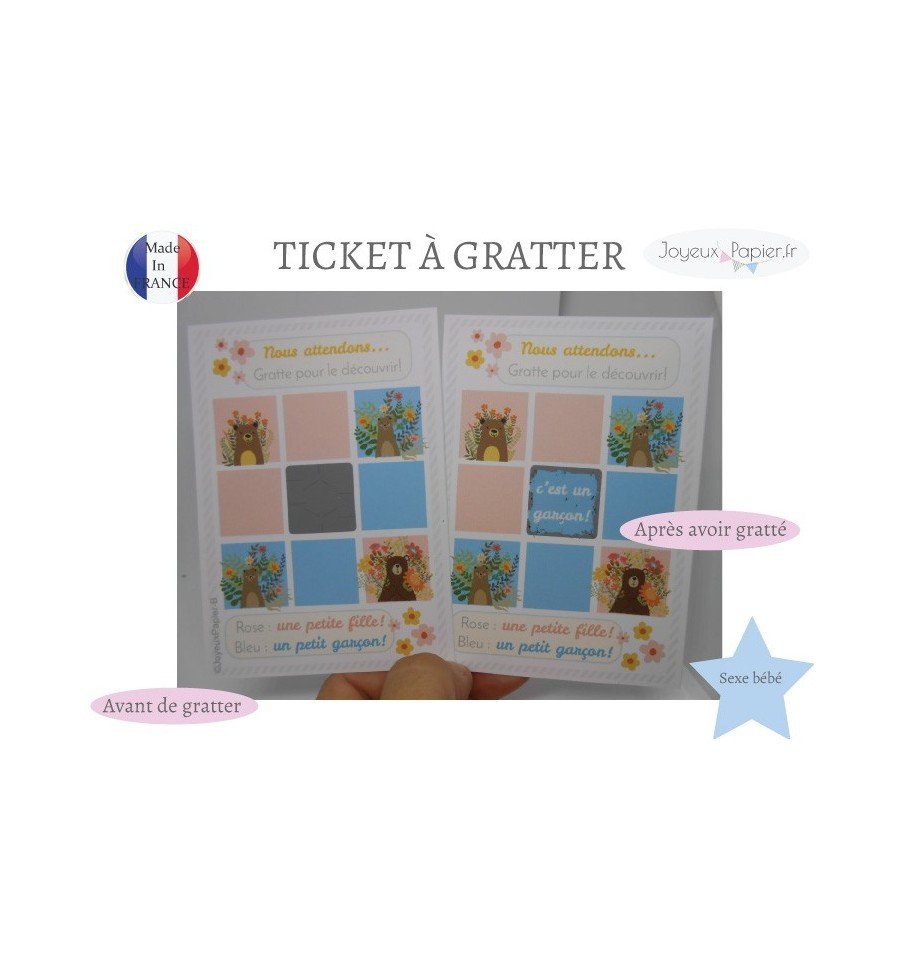 Ticket carte à gratter annonce sexe bébé fille garçon ourson