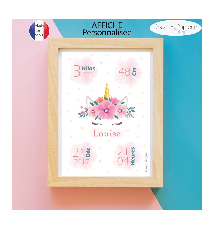Affiche naissance fille licorne