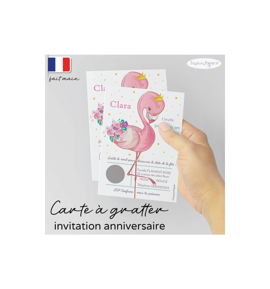 Carte à gratter invitation anniversaire flamant rose