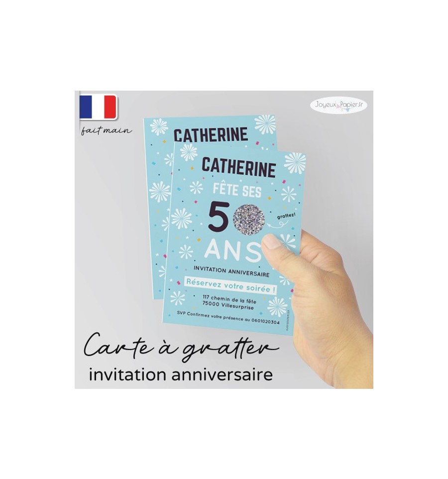 Carte invitation anniversaire à gratter feu artifice